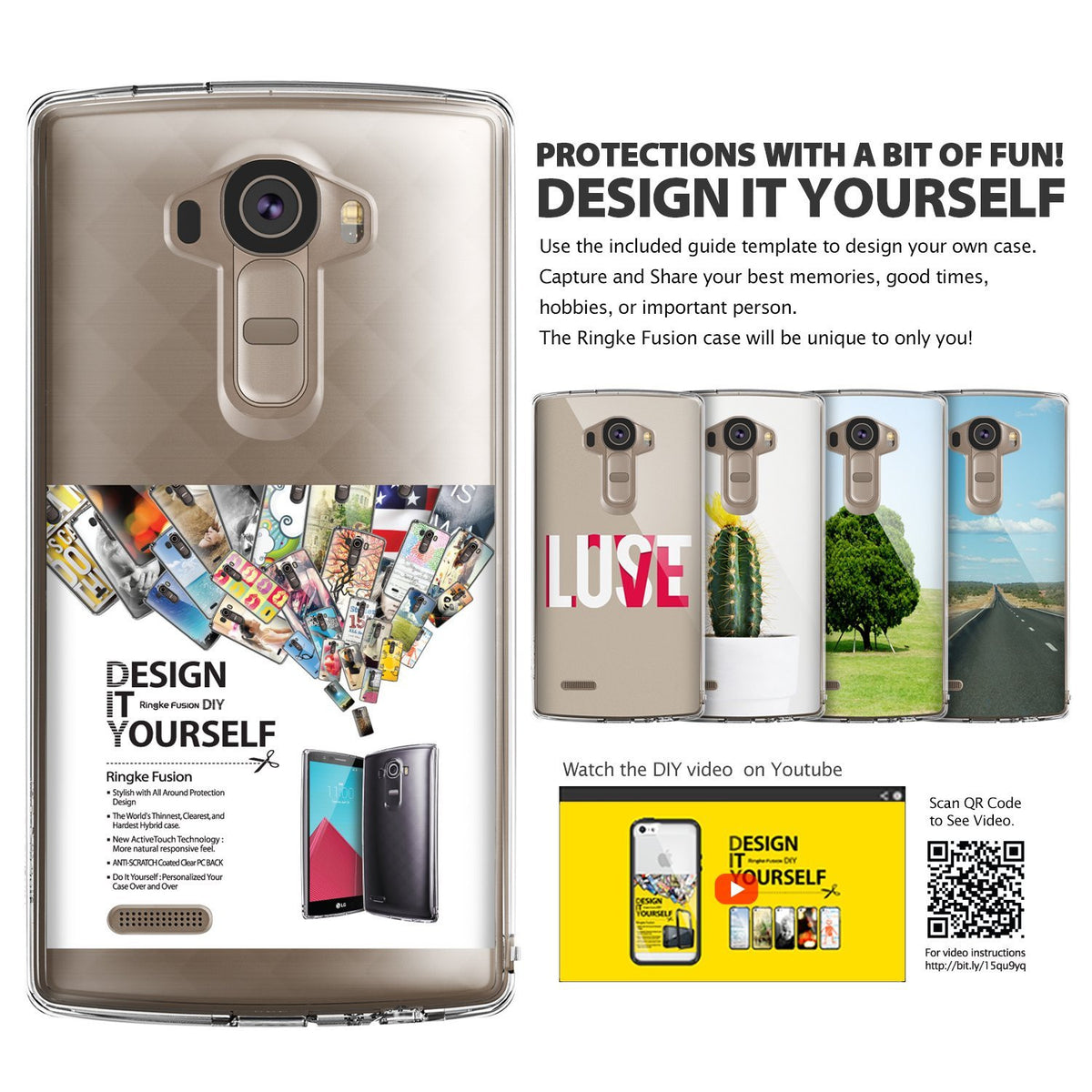 LG G4 Case | Fusion - Smoke Black - Clear phone case with customizable back, showing various design examples and DIY instructions.