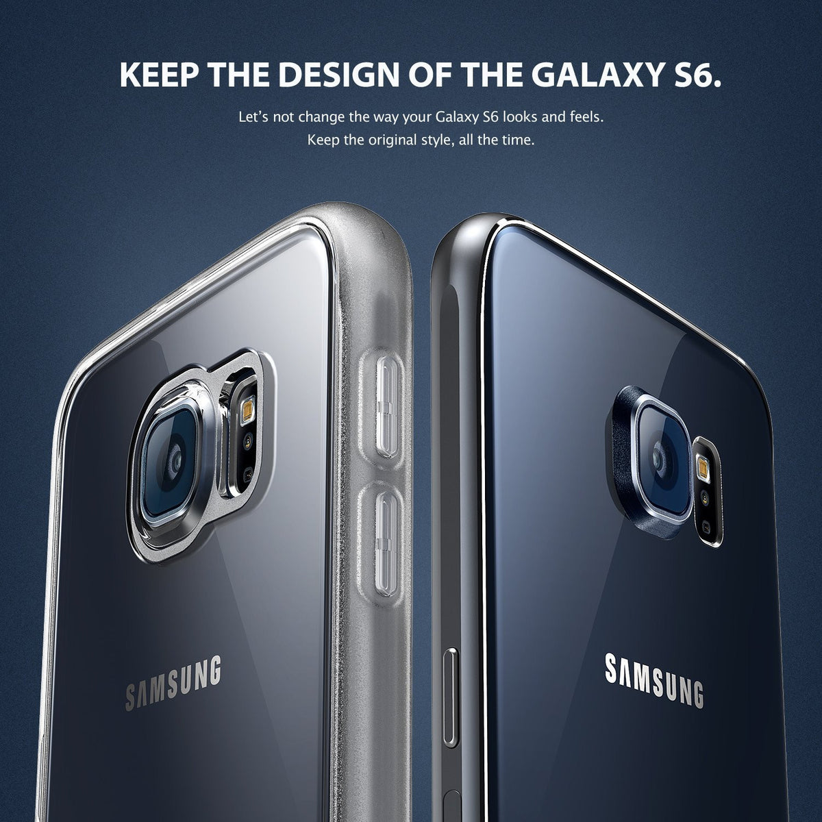 Galaxy S6 Case | Flex - Clear - Two Galaxy S6 phones, one with a clear protective case and one without, against a blue background.