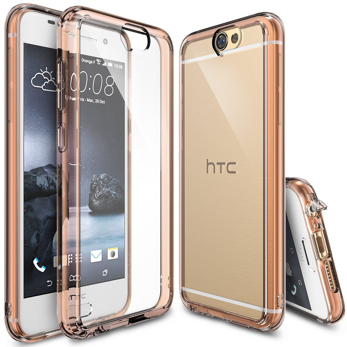 HTC One A9 Case | Fusion - Rose Gold - Rose gold protective phone case shown from front, back, and side angles.