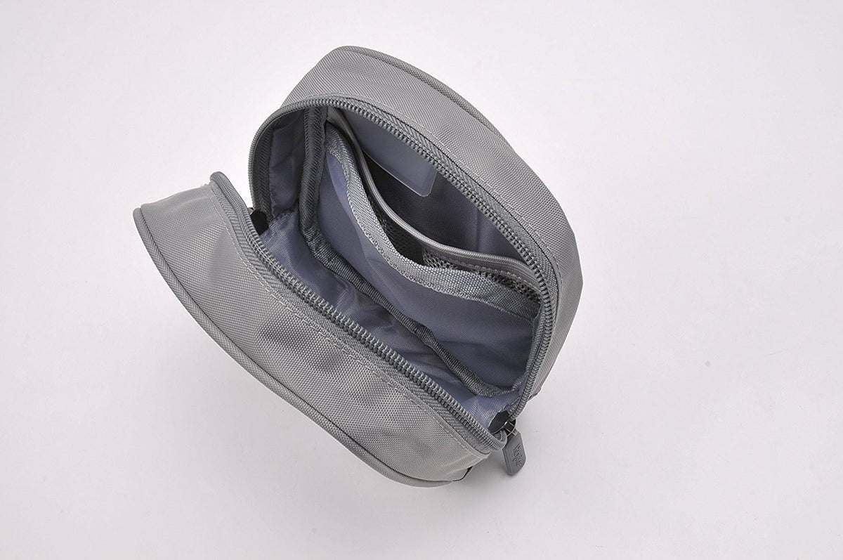 Travel Organizer Pouch - Open gray zippered travel pouch with internal mesh pockets and compartments on a white background.