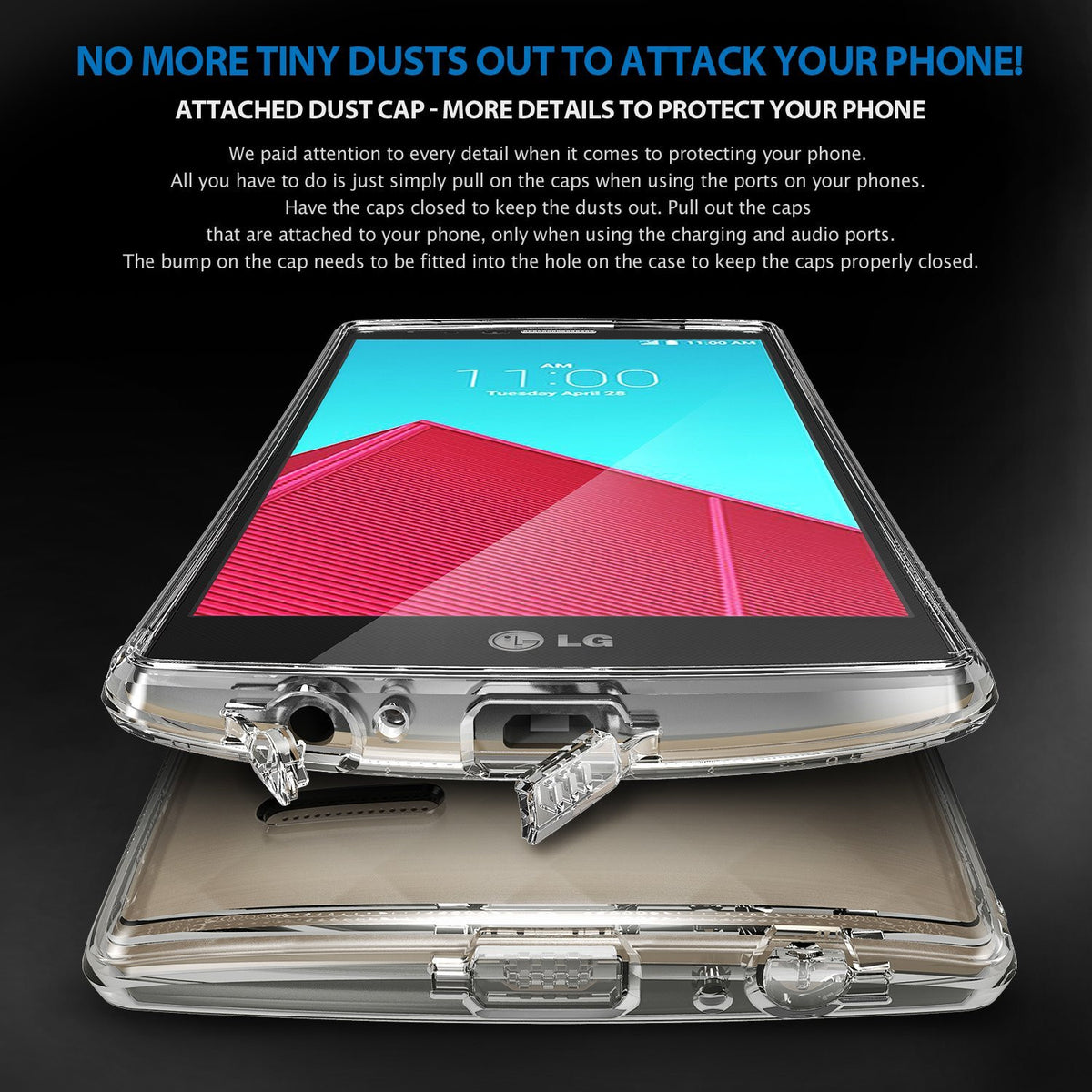 LG G4 Case | Fusion - Smoke Black - Transparent phone case with open dust caps for charging and audio ports.