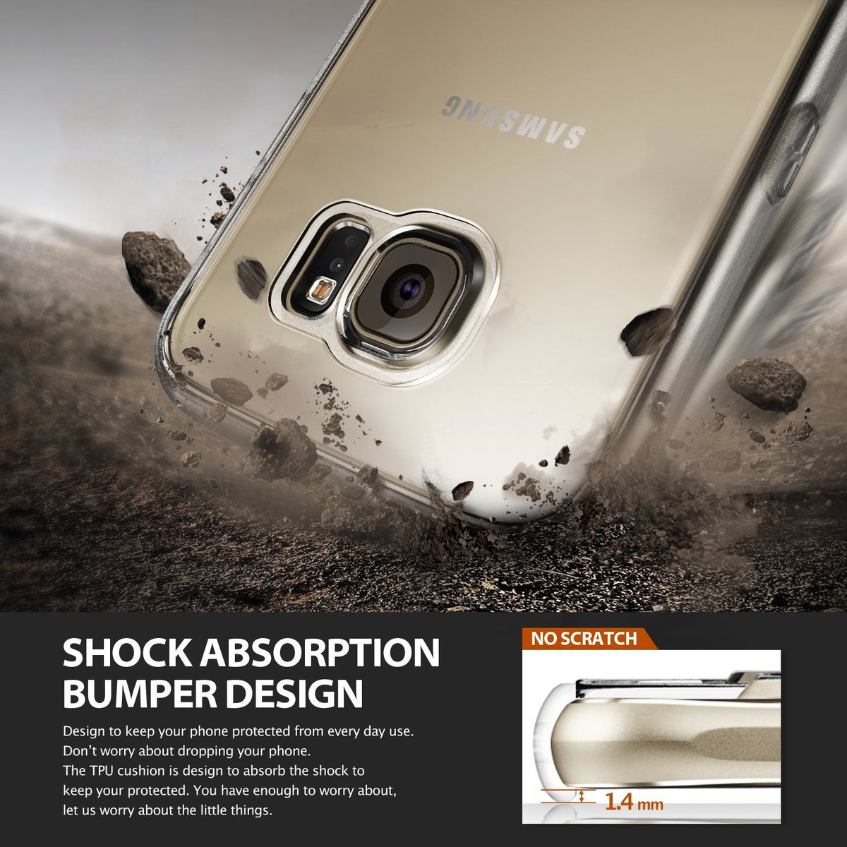 Galaxy S6 Case | Flex - Clear - Gold phone in a clear protective case surrounded by flying dirt and rocks, highlighting shock absorption.