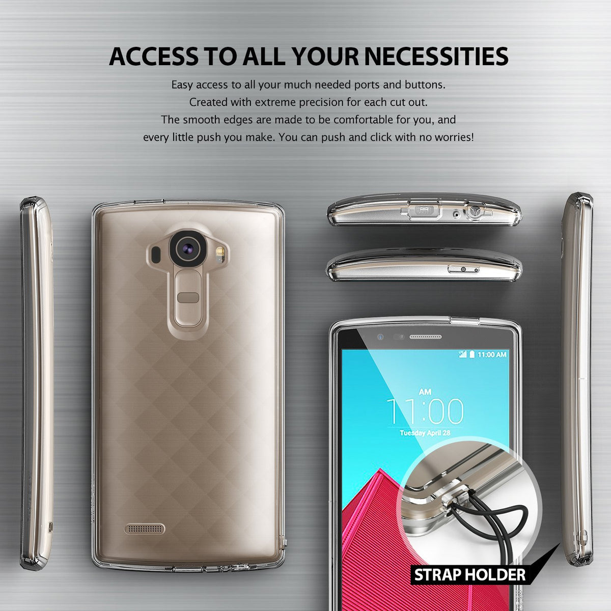 LG G4 Case | Fusion - Smoke Black - Multiple views of a clear phone case showing precise cutouts and a strap holder.