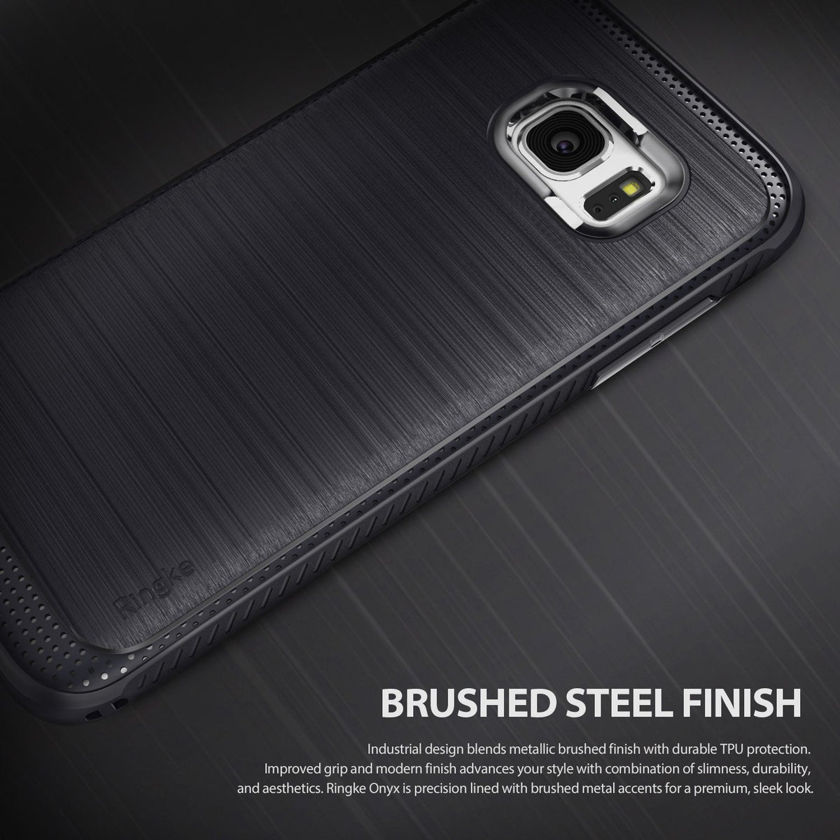 Galaxy S7 Edge Case | Onyx - Gray - Gray brushed metal texture phone case with a dotted border and camera cutout.