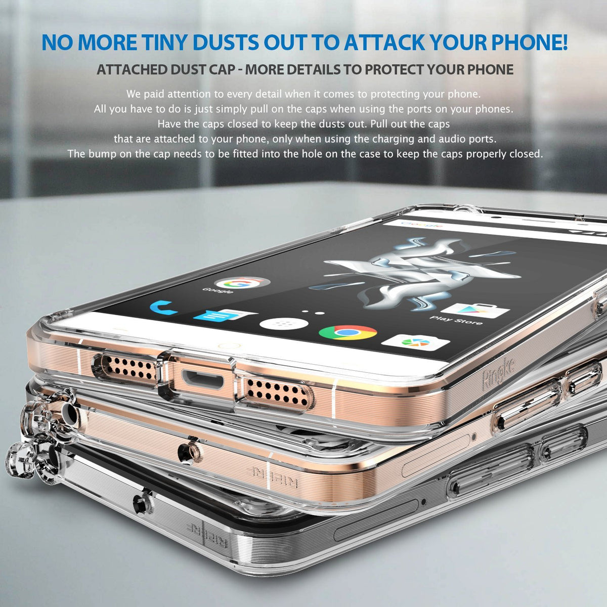 OnePlus X Case | Fusion - Smoke Black - Stacked smartphones in clear cases with integrated port dust covers.