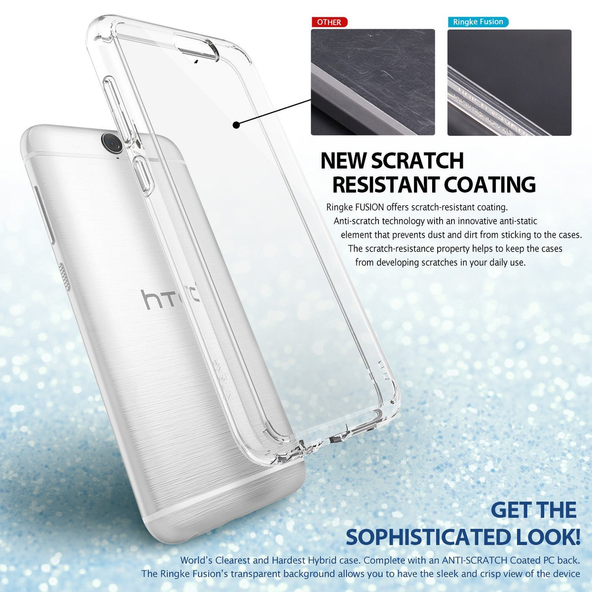 HTC One A9 Case | Fusion - Rose Gold - Transparent phone case next to an HTC phone showing scratch-resistant coating comparison.