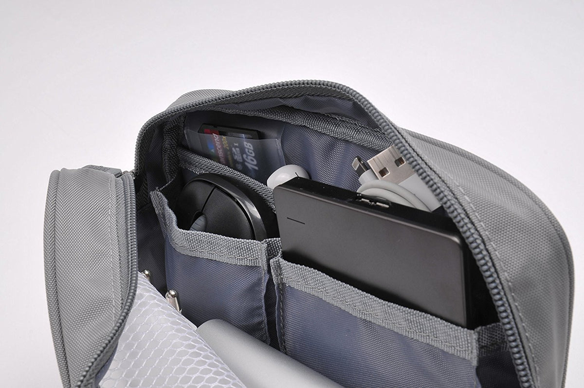 Travel Organizer Pouch - Open gray zippered case containing a computer mouse, external hard drive, SD card, and USB cables.