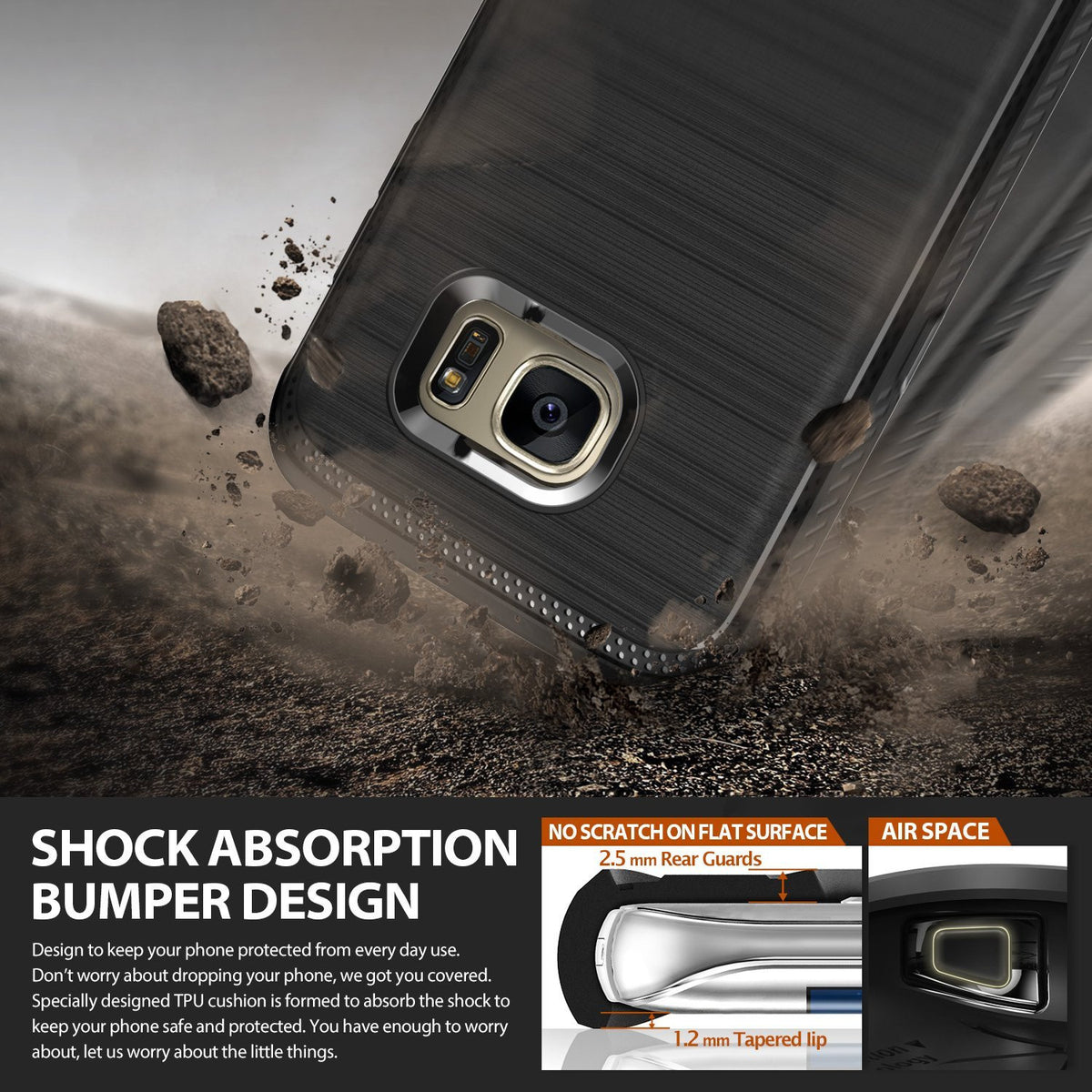 Galaxy S7 Edge Case | Onyx - Gray - Gray brushed metal phone case with shock-absorbing bumper, shown with debris and protective feature diagrams.