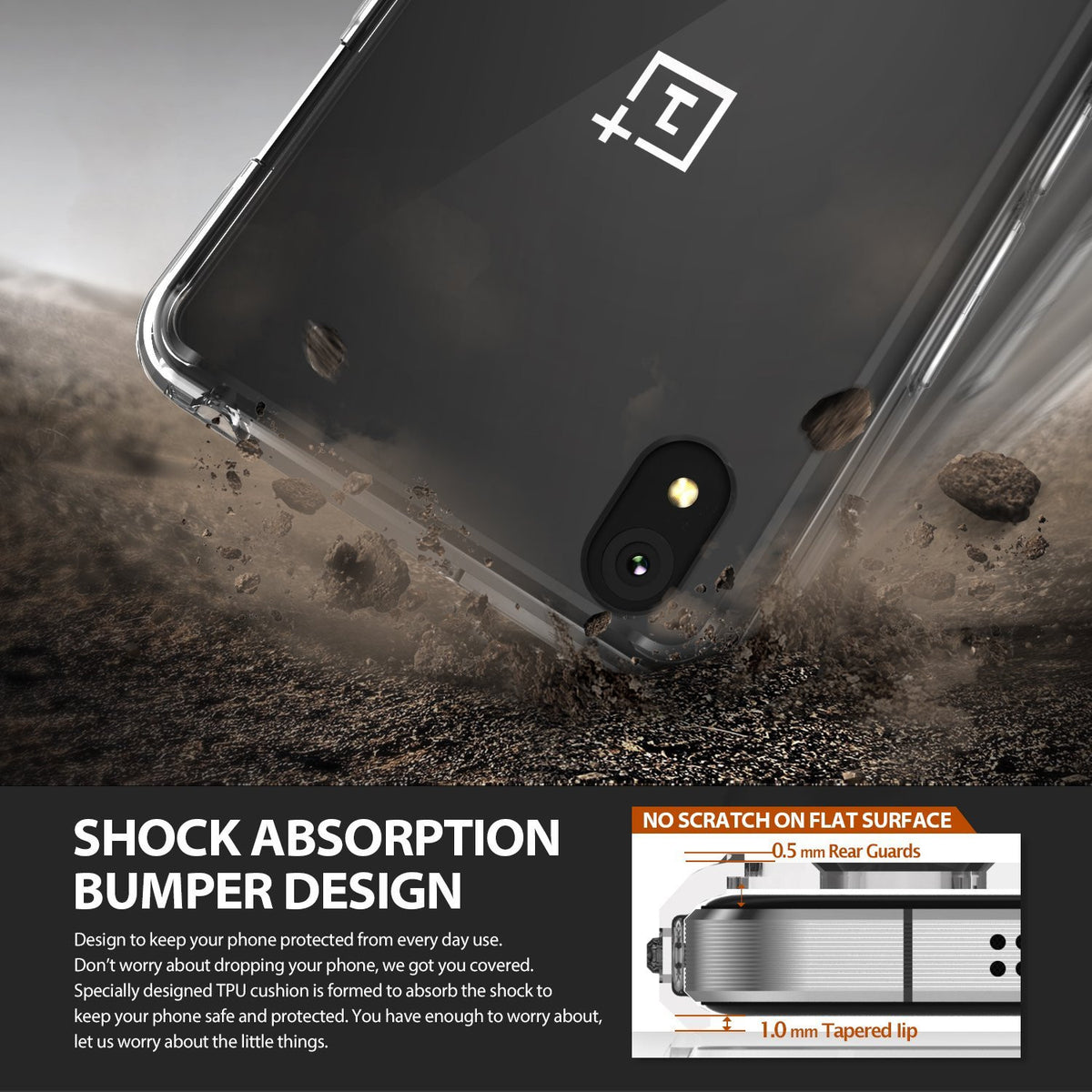OnePlus X Case | Fusion - Smoke Black - Transparent phone case with shock-absorbing bumper, shown with protective lip details.