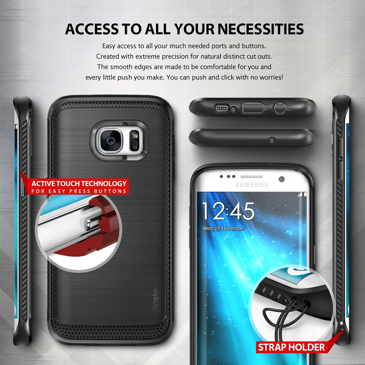 Galaxy S7 Edge Case | Onyx - Gray - Gray phone case showing button cutouts, active touch technology, and strap holder.