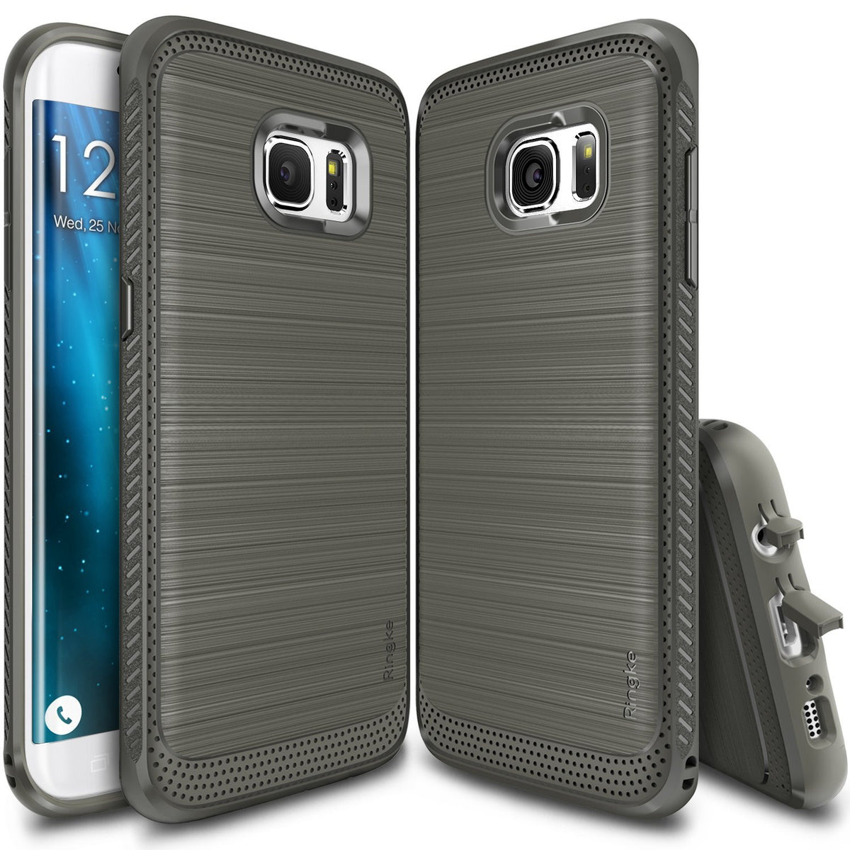 Galaxy S7 Edge Case | Onyx - Gray - Gray brushed-metal texture phone case with dotted edges shown from front, back, and bottom angles.