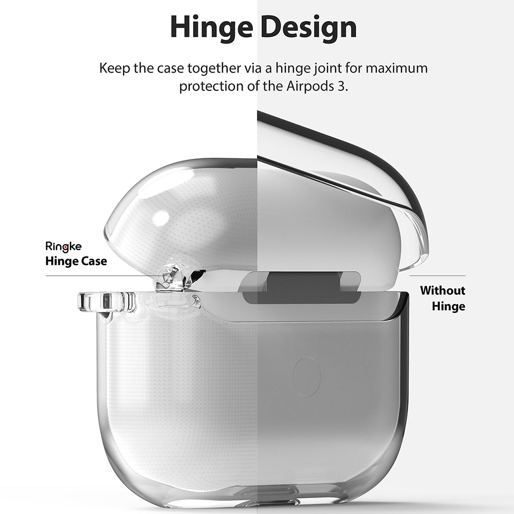 AirPods 3 Case | Hinge - Comparison of a clear AirPods 3 case with a protective hinge versus one without.