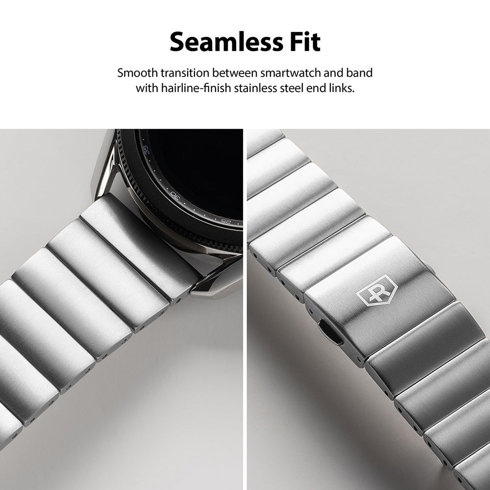 Watch Lug 22mm | Metal One Band α - Silver - Close-up of silver stainless steel watch band with seamless end links.
