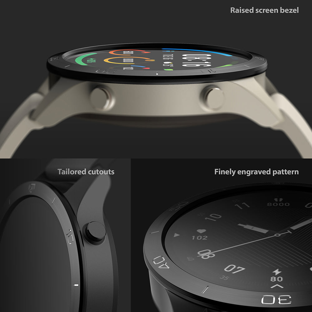 Xiaomi Mi Watch 46mm | Bezel Styling 46-01 - Xiaomi Mi Watch 46mm - Close-up of smartwatch bezel featuring raised edges, tailored cutouts, and a finely engraved pattern.