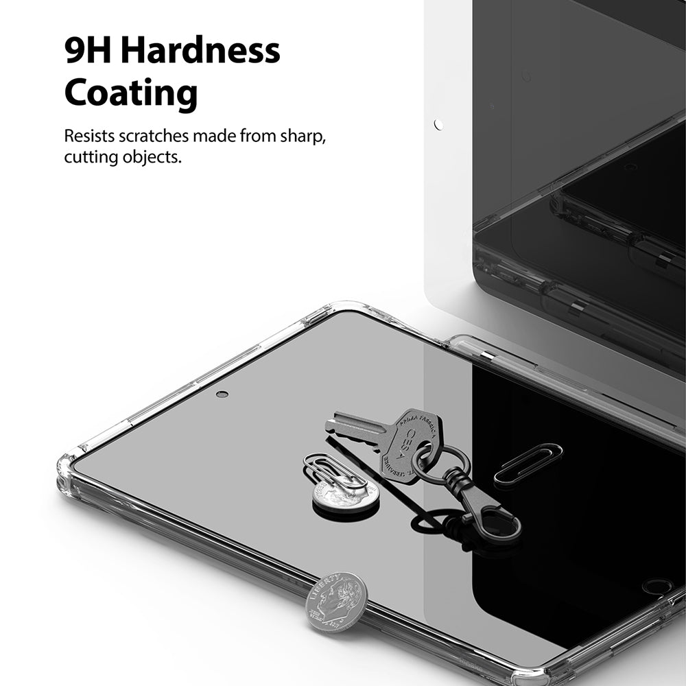 Tempered Glass | iPad - Keys and coins resting on a scratch-resistant iPad screen with 9H hardness coating text.