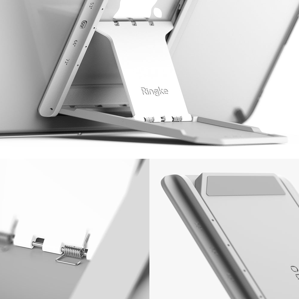 Fusion Plus + Outstanding | iPad - Close-up of a silver Ringke tablet stand attached to an iPad, showing adjustable angles.