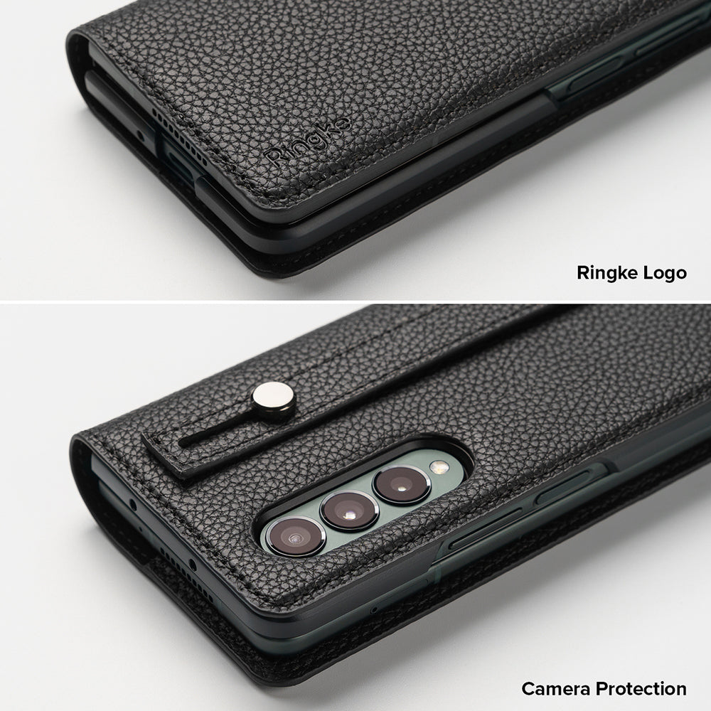 Galaxy Z Fold 3 Case | Folio Signature EZ Strap - Black textured leather case showing Ringke logo and camera cutout.