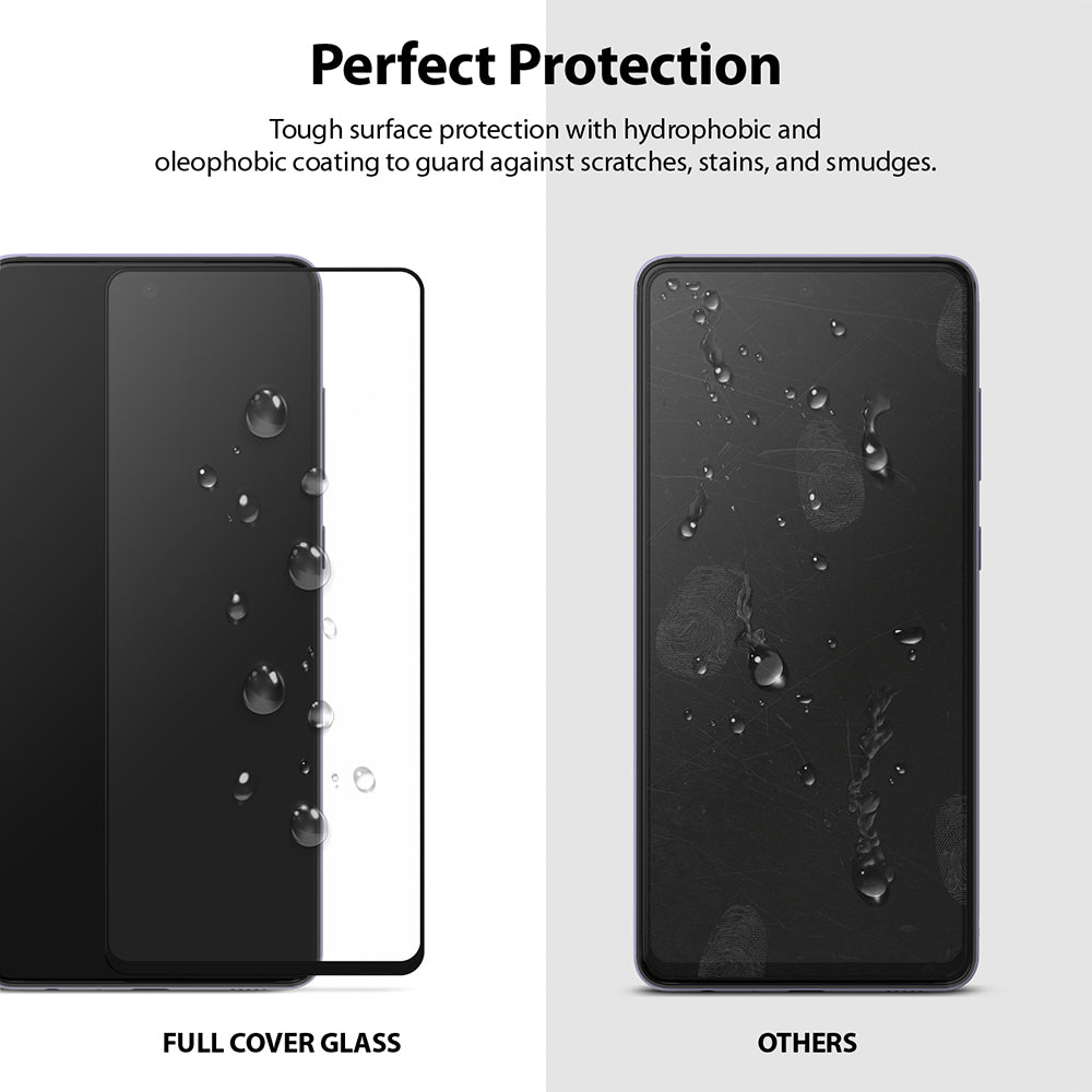 Galaxy A72 Screen Protector | Invisible Defender - Galaxy A72 Screen Protector - Comparison showing water beading on a clean screen versus smudges on an unprotected screen.