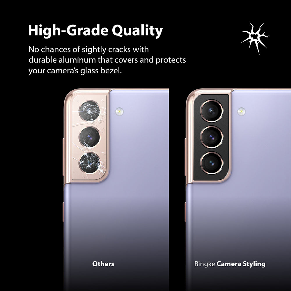 Galaxy S21 | Camera Styling - Comparison of a cracked phone camera bezel versus one protected by a Ringke aluminum cover.