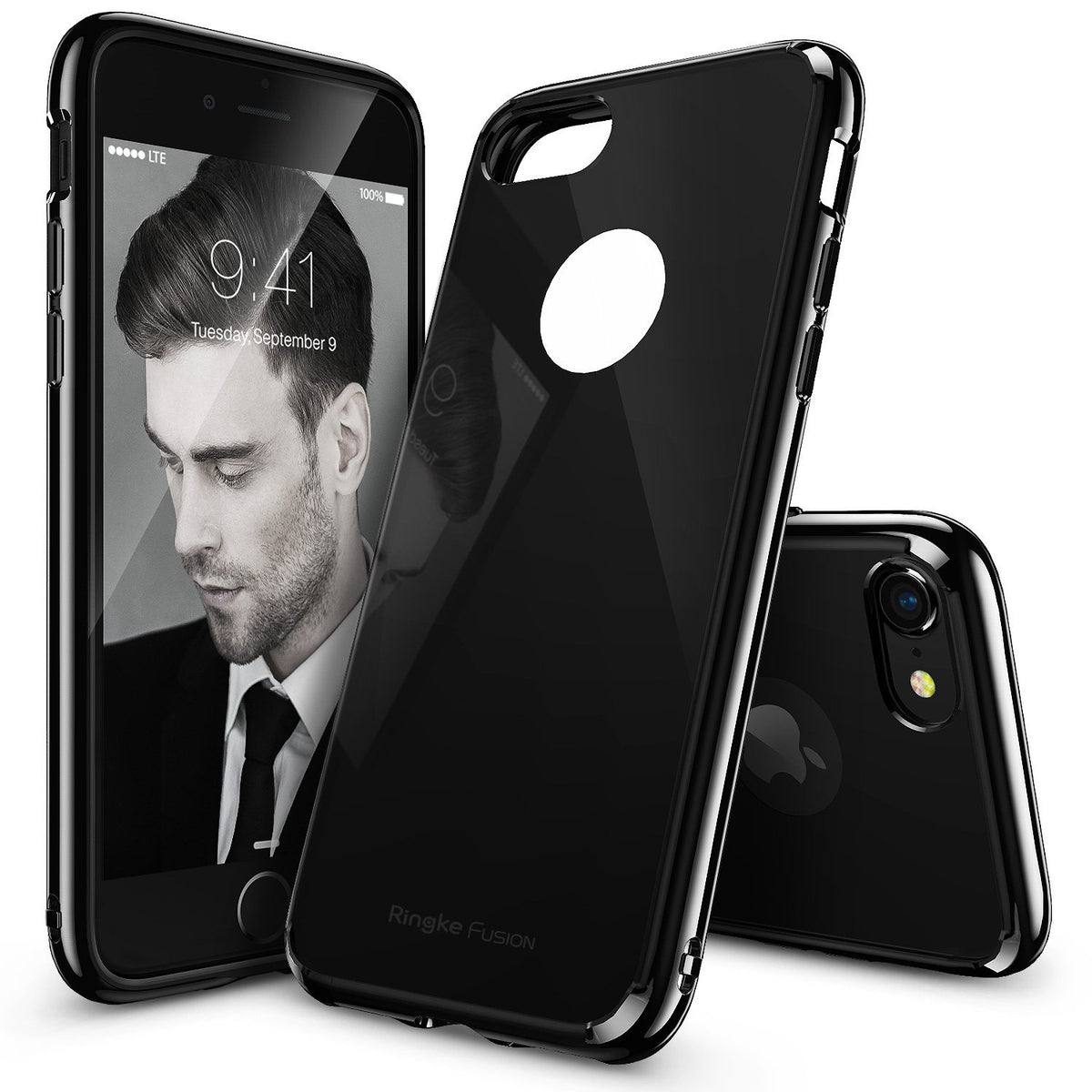 iPhone 8 / 7 / SE 2020 / SE 2022 Case | Fusion - Black transparent phone case shown on a phone and from back angles.