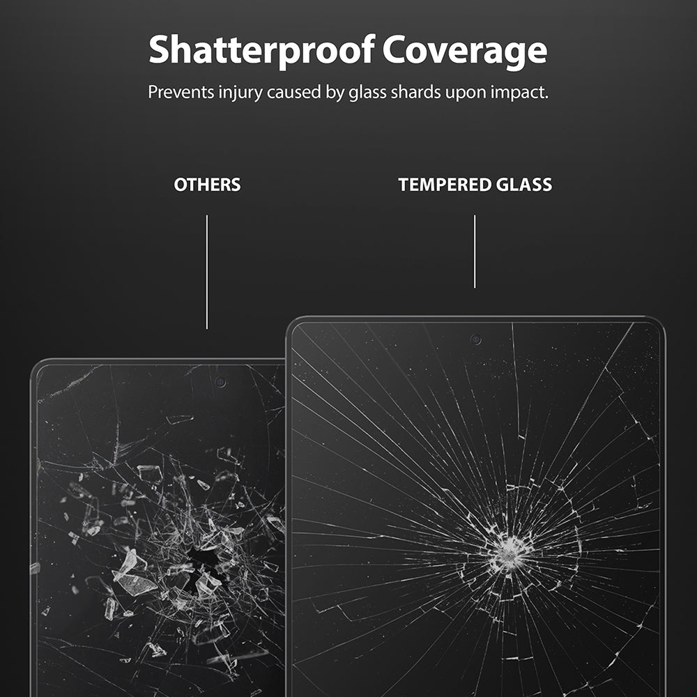 Tempered Glass | iPad - Comparison of a shattered standard screen versus a crack-resistant tempered glass screen.