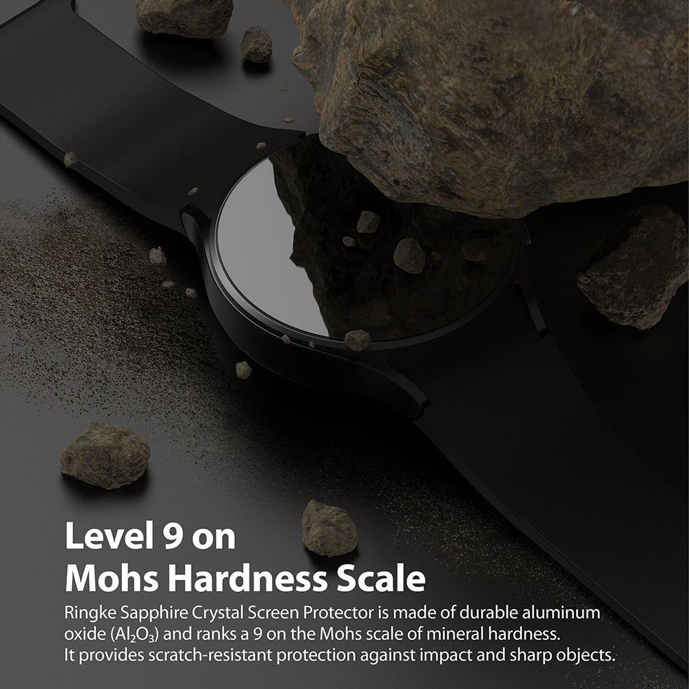Galaxy Watch 5 / 4 (40mm) Screen Protector | Sapphire Crystal Glass - Galaxy Watch 5 / 4 (40mm) Screen Protector - Black smartwatch with sapphire crystal screen protector near jagged rocks.