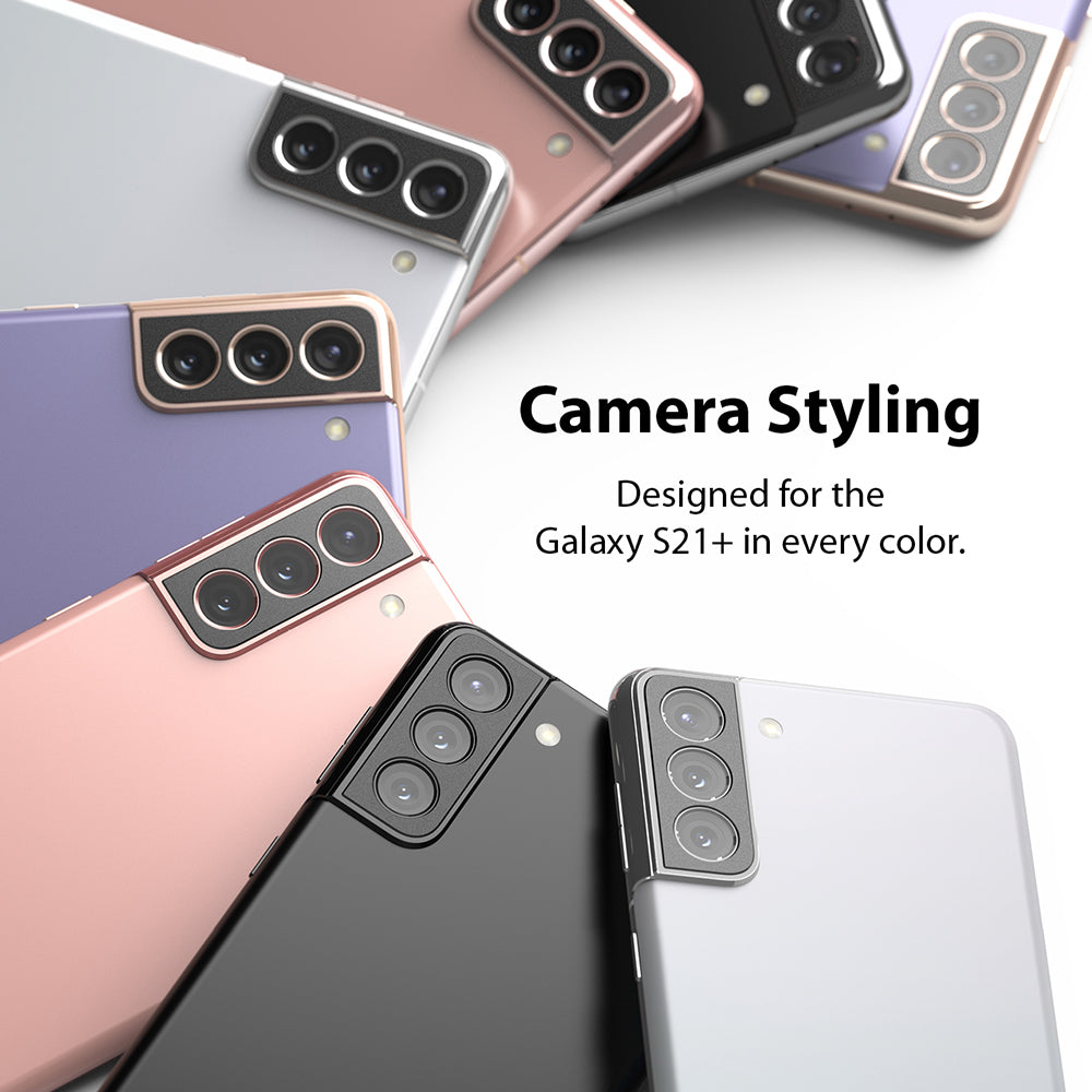 Galaxy S21 Plus | Camera Styling - Galaxy S21 Plus - Multiple Galaxy S21+ phones in various colors arranged in a fan shape, highlighting camera lens covers.