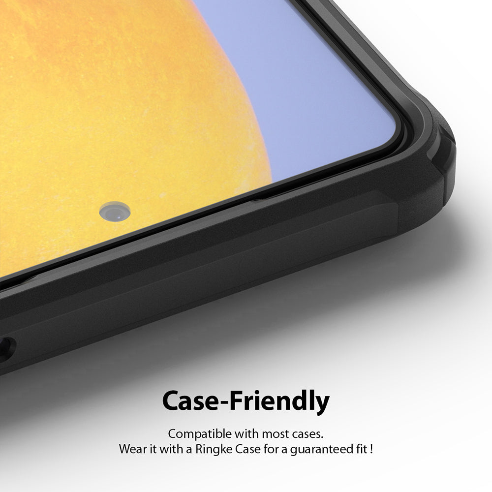 Galaxy A72 Screen Protector | Invisible Defender - Galaxy A72 Screen Protector - Close-up of a smartphone screen with a protective film inside a black case.