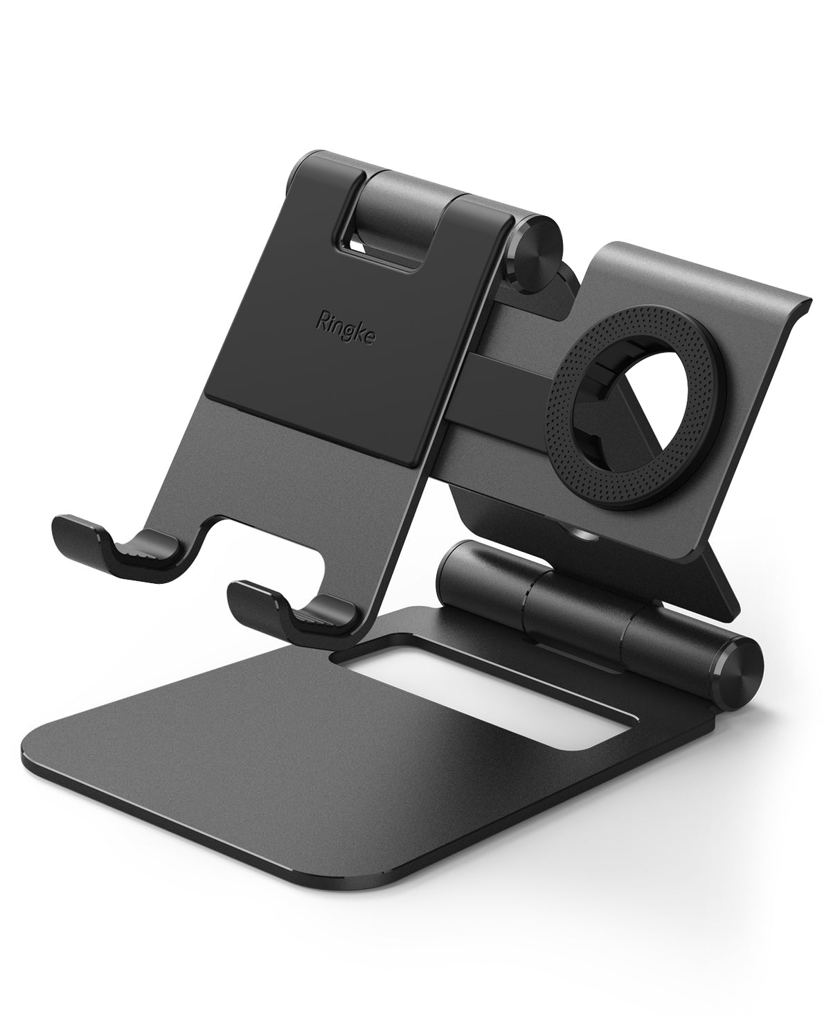Super Folding Stand for Apple Watch - Black foldable metal stand with a phone cradle and integrated Apple Watch charger mount.
