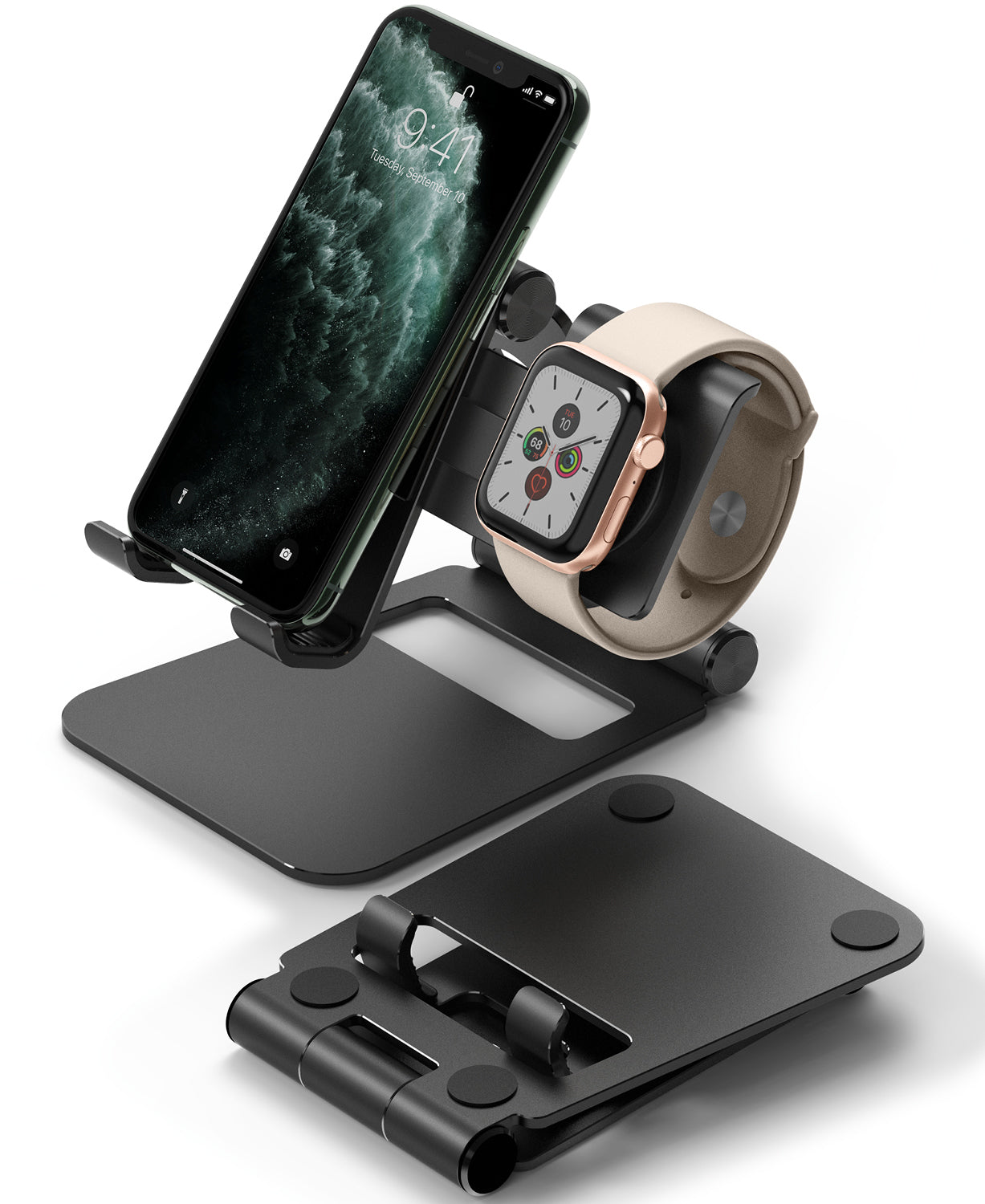 Super Folding Stand for Apple Watch - Black folding stand holding a smartphone and Apple Watch, with a second folded stand in front.