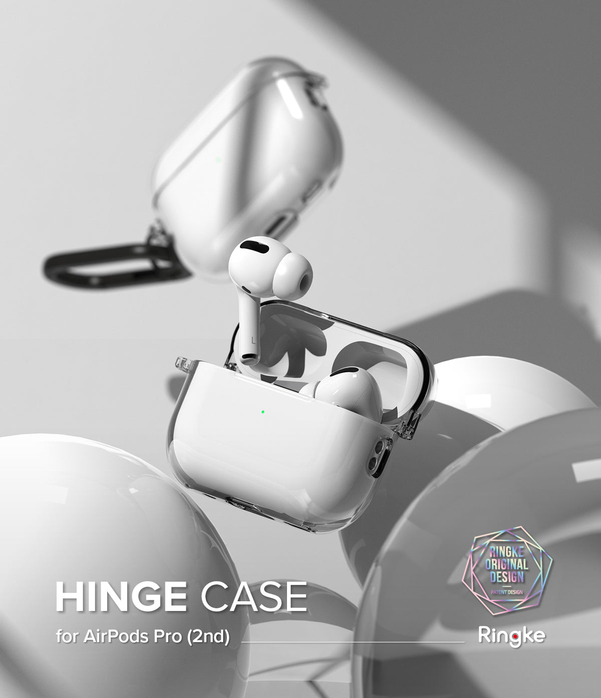 AirPods Pro 2 Case | Hinge Clear - Clear protective case for AirPods Pro 2 with a hinge design, shown open with earbuds.