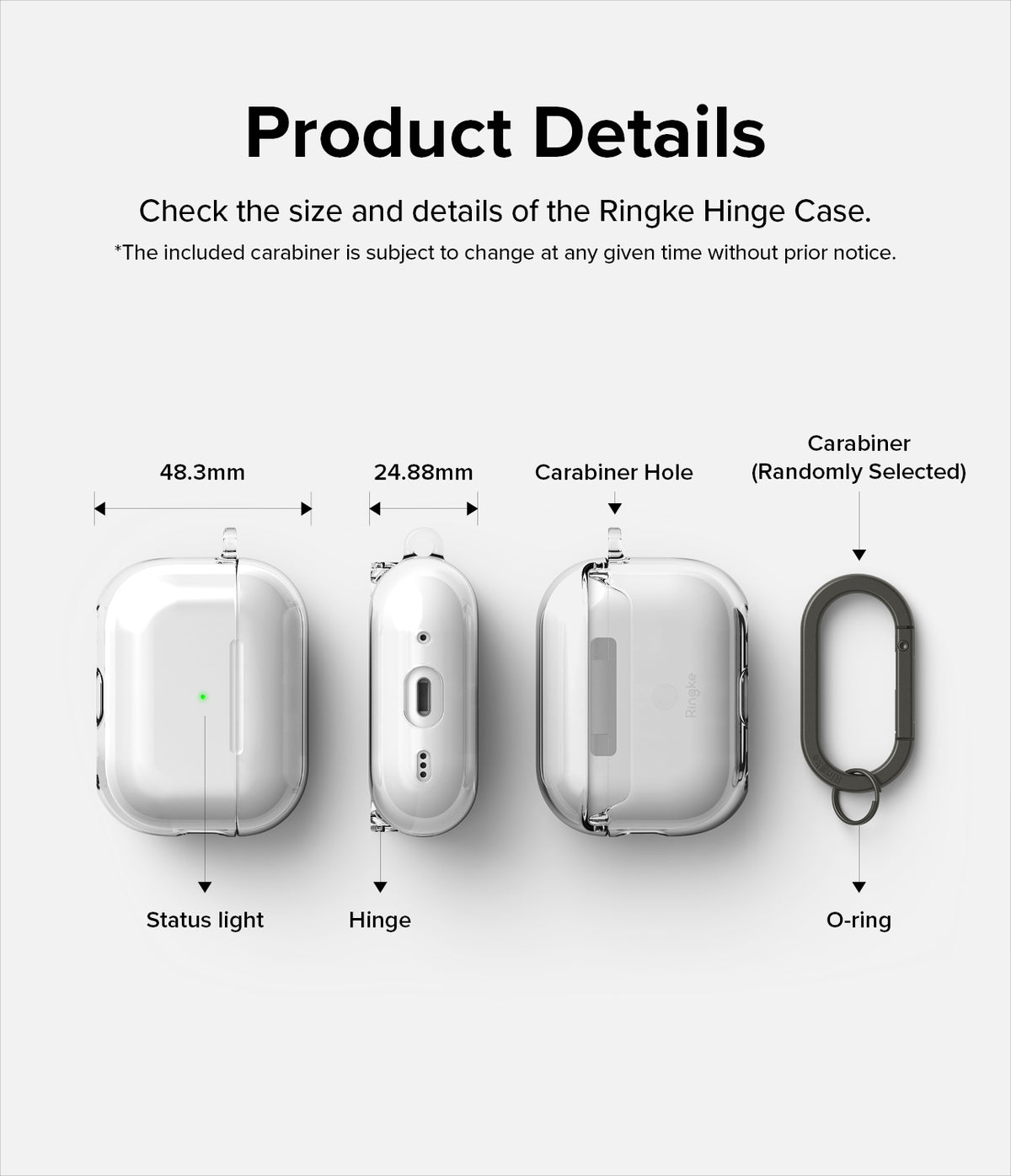 AirPods Pro 2 Case | Hinge Clear - Technical diagram showing dimensions and features of a clear AirPods Pro 2 case with a carabiner.
