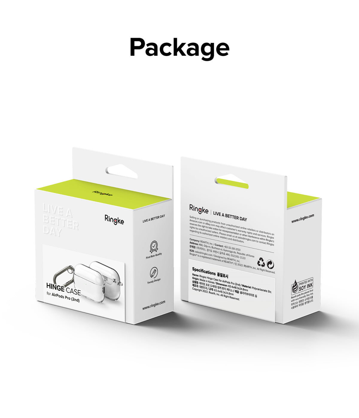 AirPods Pro 2 Case | Hinge Clear - AirPods Pro 2 Case - Two white retail boxes for a Ringke Hinge Case showing product photos and specifications.