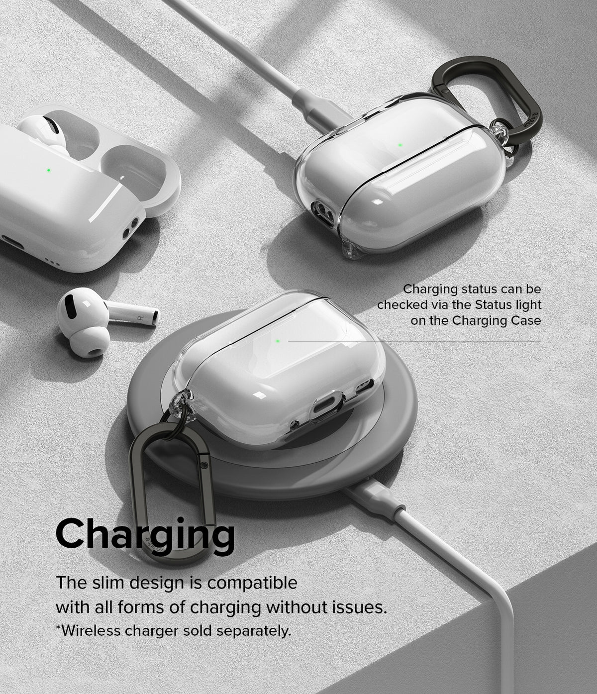 AirPods Pro 2 Case | Hinge Clear - AirPods Pro 2 in clear cases charging via wired and wireless pads with visible status lights.