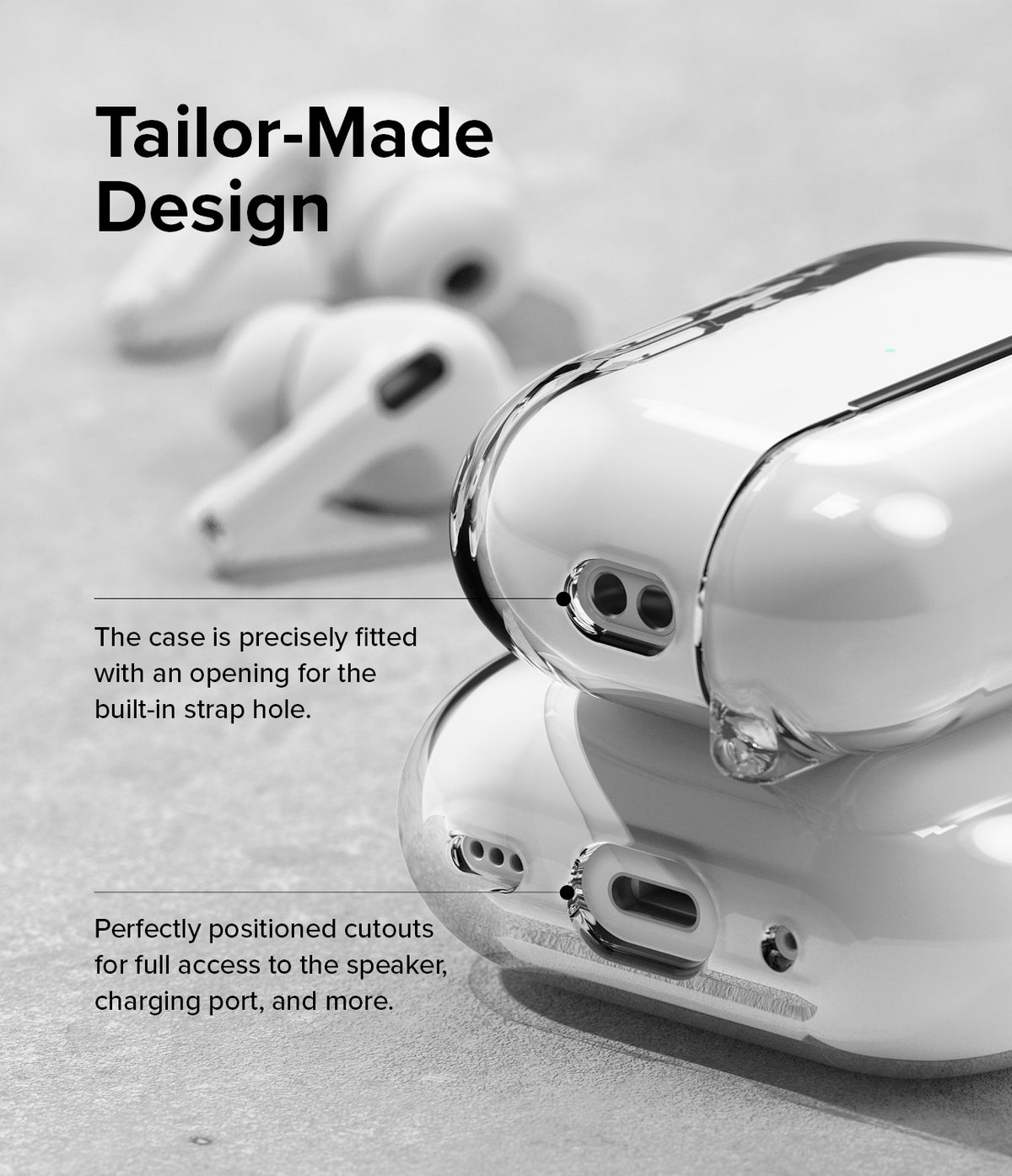 AirPods Pro 2 Case | Hinge Clear - Clear protective case on AirPods Pro 2 showing precise cutouts for strap hole and charging port.