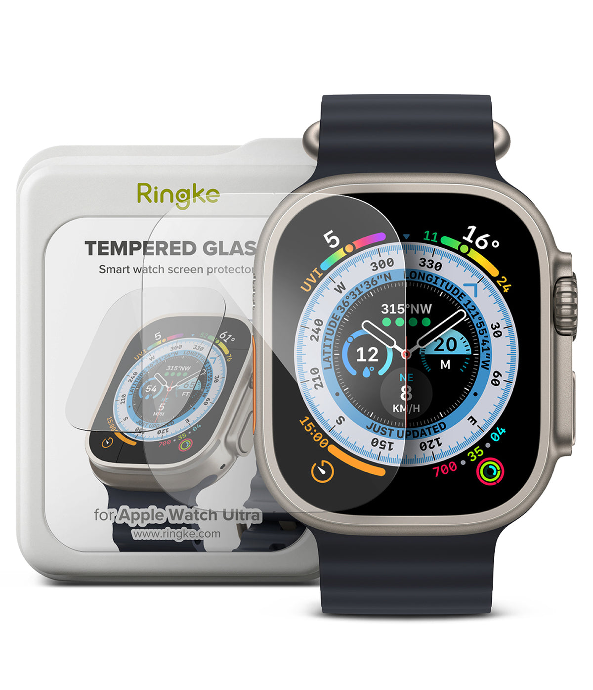 Apple Watch Ultra 3 / 2 / 1 Screen Protector | Glass - Tempered glass screen protector applied to an Apple Watch Ultra.