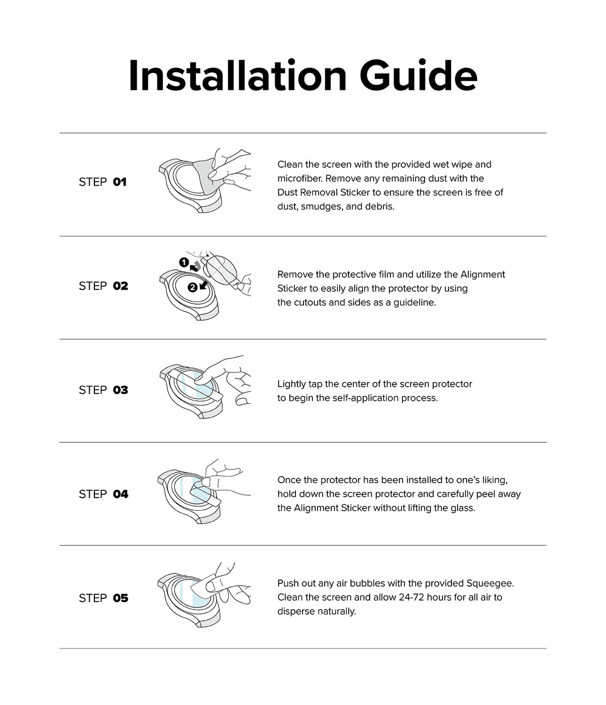 Apple Watch Ultra 3 / 2 / 1 Screen Protector | Glass - Apple Watch Ultra Screen Protector - Five-step installation guide with illustrations showing cleaning, aligning, and applying.