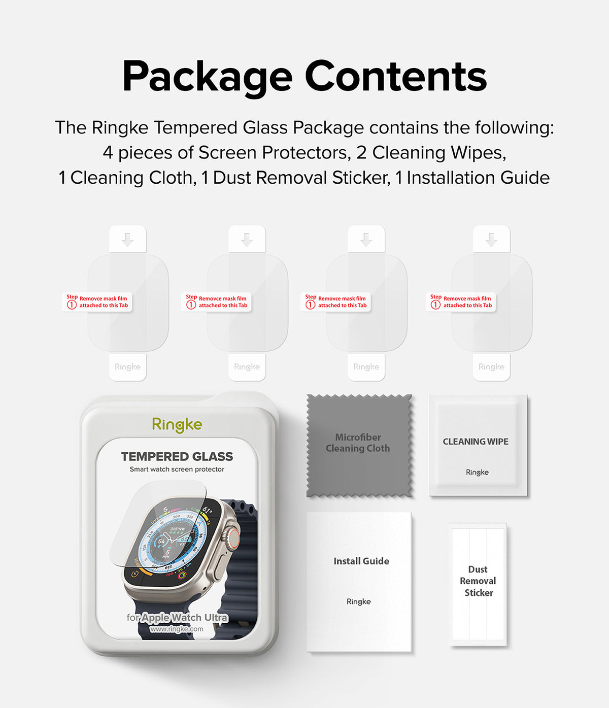 Apple Watch Ultra 3 / 2 / 1 Screen Protector | Glass - Apple Watch Ultra Screen Protector - Package contents showing four glass protectors, cleaning wipes, cloth, and guide.