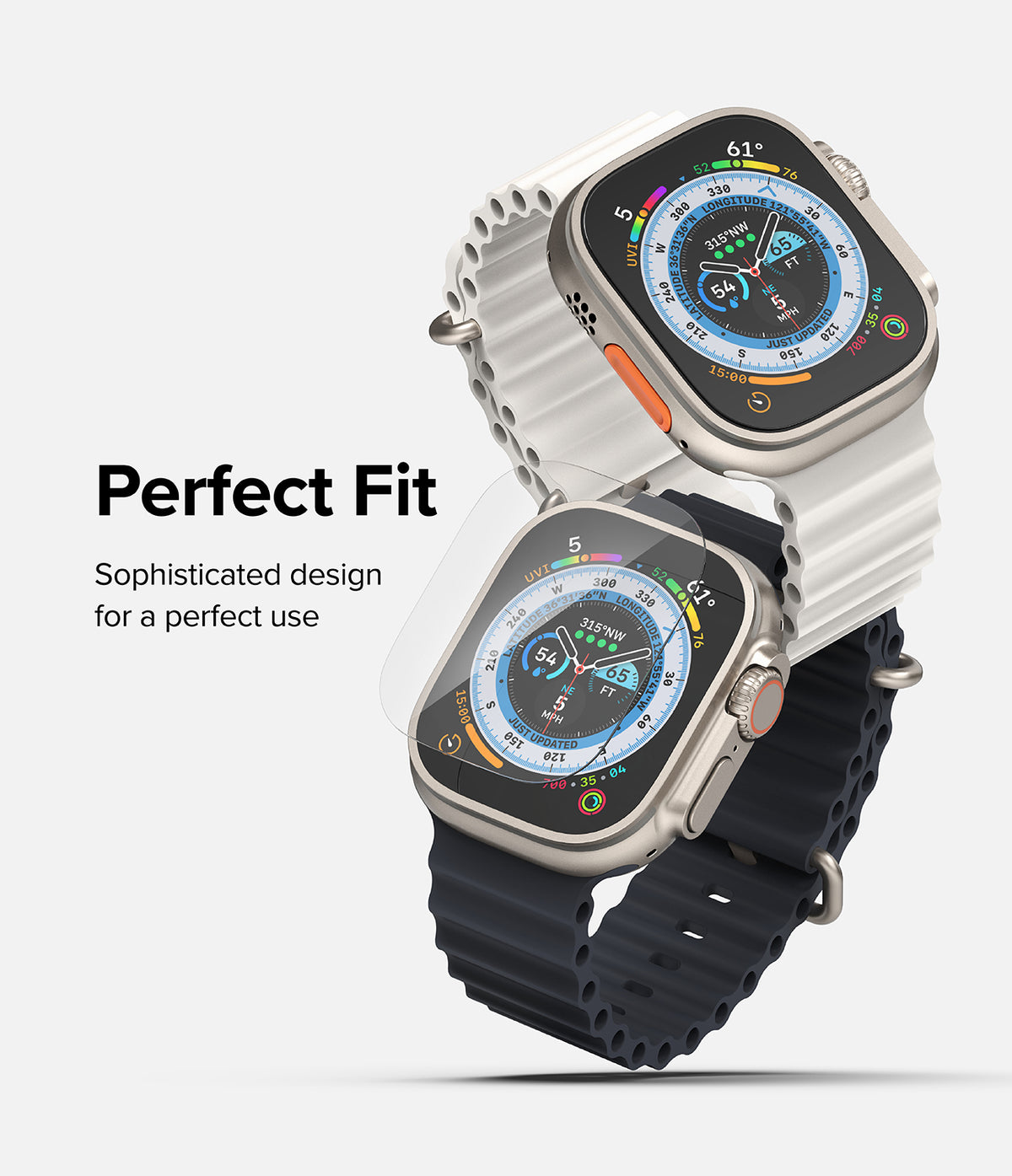 Apple Watch Ultra 3 / 2 / 1 Screen Protector | Glass - Apple Watch Ultra Screen Protector - Two Apple Watches with white and black bands, one with a glass screen protector.