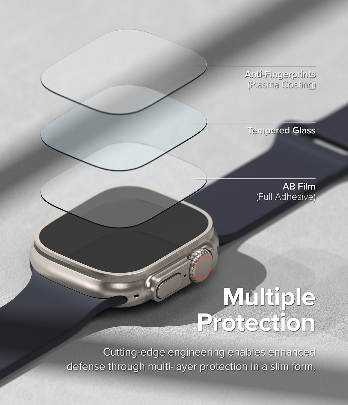 Apple Watch Ultra 3 / 2 / 1 Screen Protector | Glass - Exploded view of three-layer screen protector on Apple Watch.