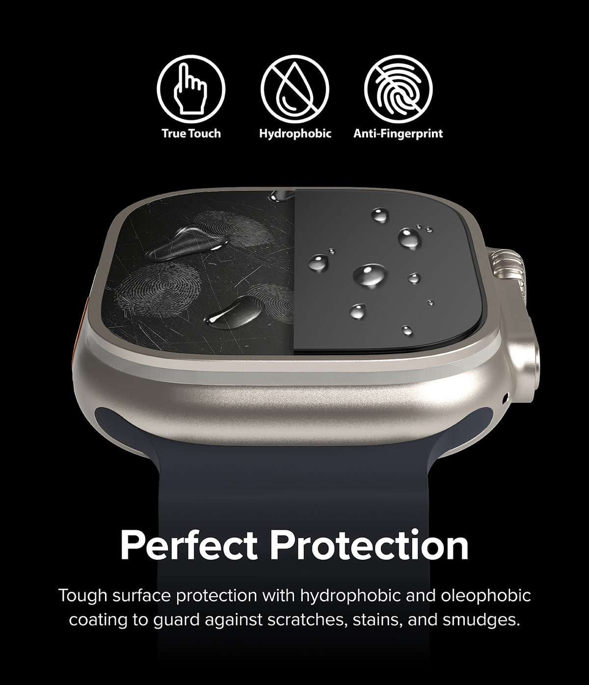 Apple Watch Ultra 3 / 2 / 1 Screen Protector | Glass - Watch screen with split-view showing scratch resistance and water beads.