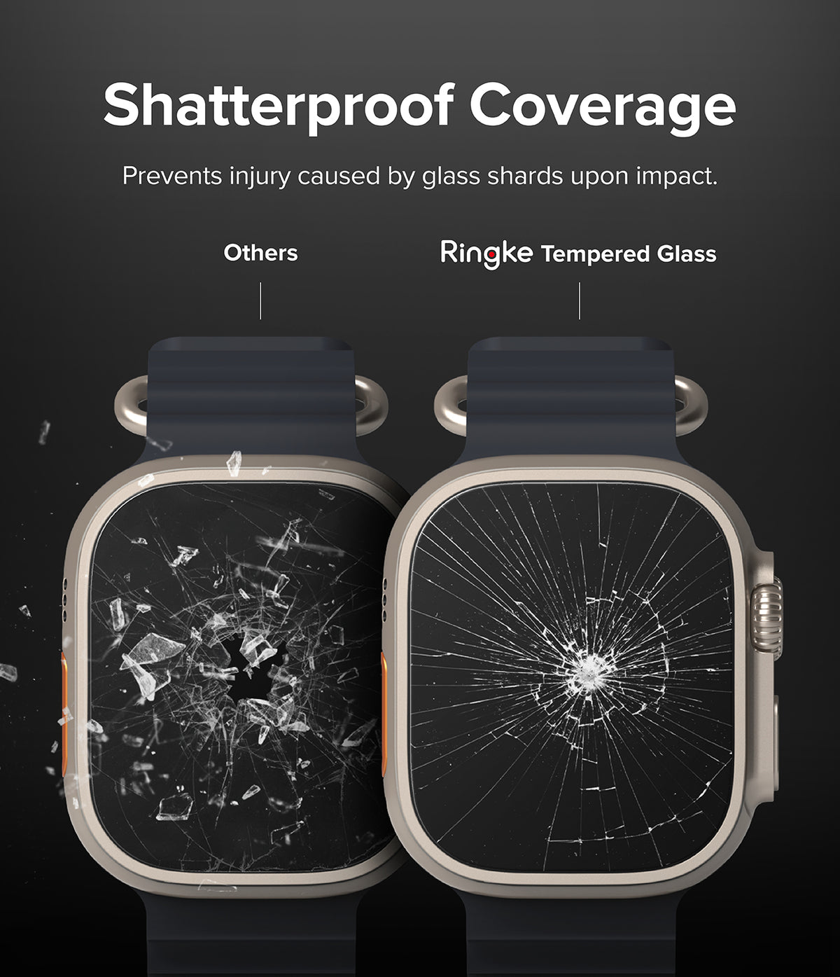 Apple Watch Ultra 3 / 2 / 1 Screen Protector | Glass - Comparison showing shattered glass shards versus intact tempered glass.
