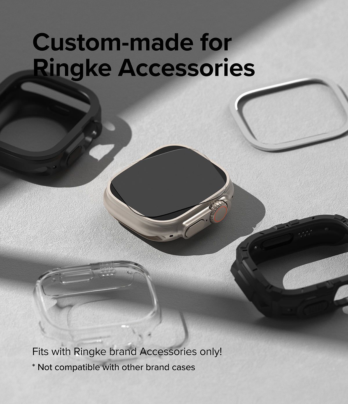 Apple Watch Ultra 3 / 2 / 1 Screen Protector | Glass - Apple Watch Ultra with screen protector surrounded by Ringke cases.