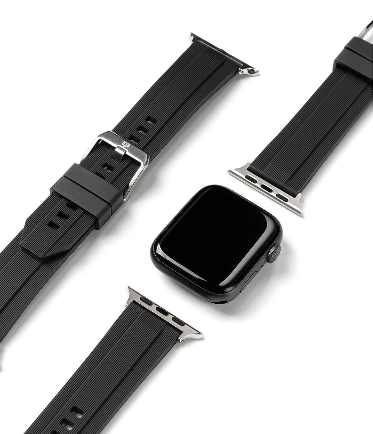 Apple Watch 42·41·40·38 mm | Rubber One Band - Black Apple Watch face with detached ribbed black rubber watch straps.