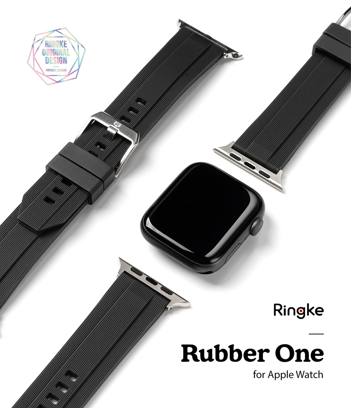 Apple Watch 42·41·40·38 mm | Rubber One Band - Black Apple Watch with two detached ribbed rubber watch straps.