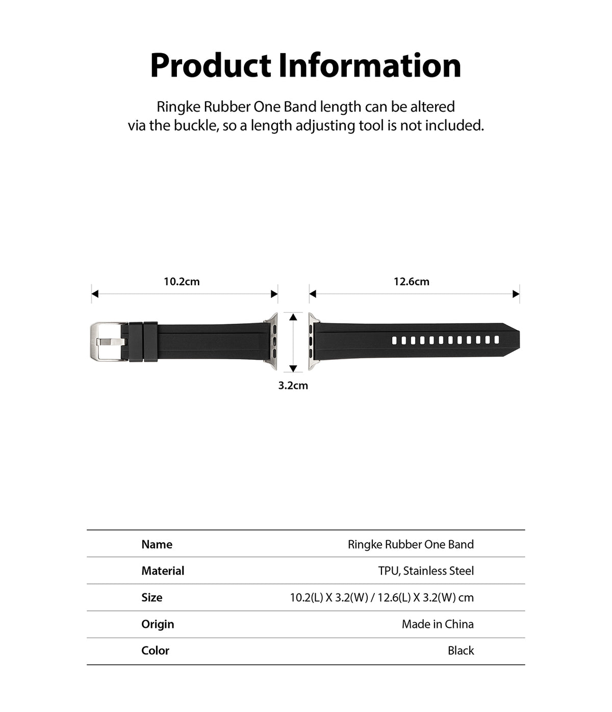 Apple Watch 42·41·40·38 mm | Rubber One Band - Diagram showing dimensions of a black rubber watch band with a buckle.