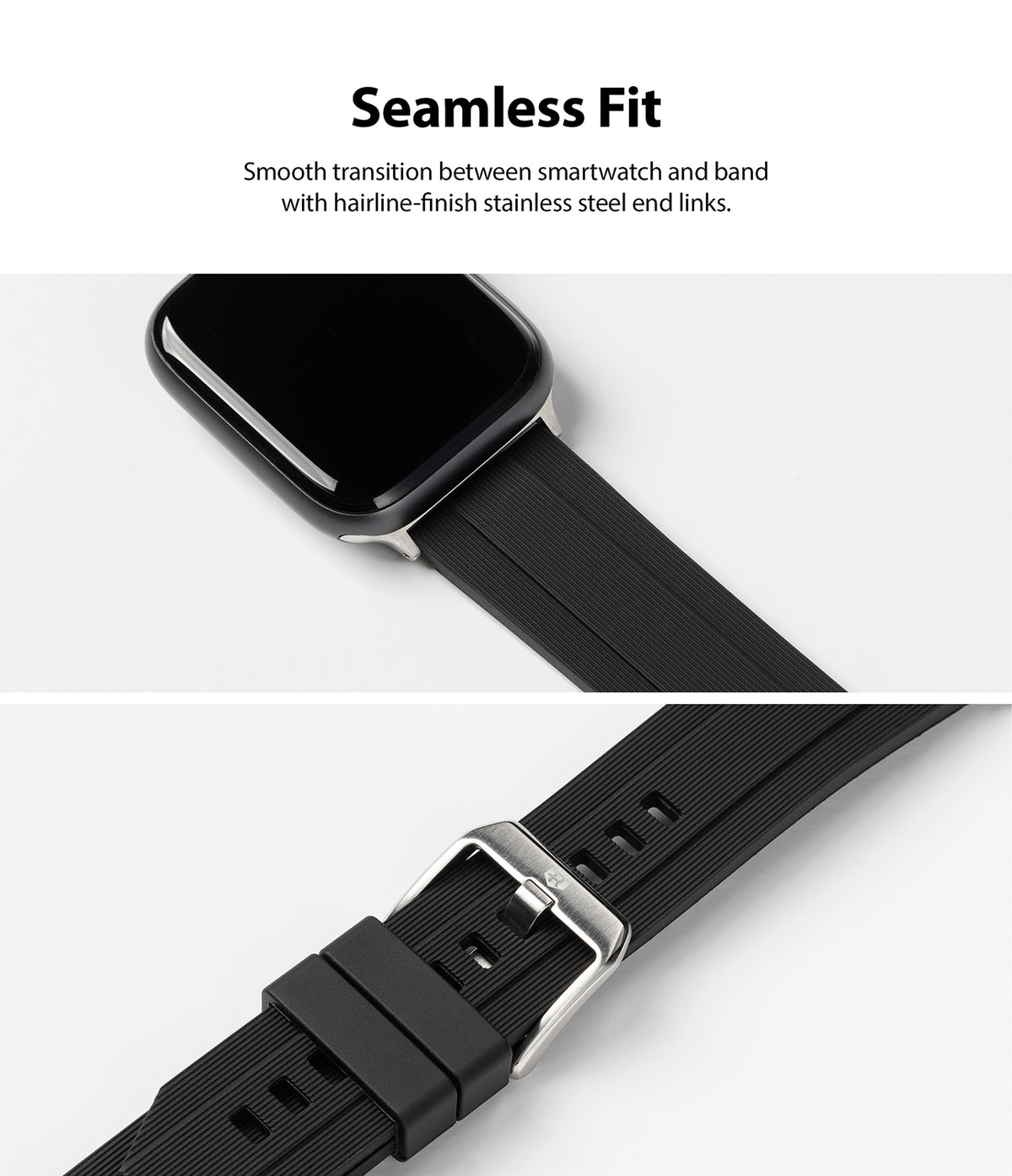 Apple Watch 42·41·40·38 mm | Rubber One Band - Black ribbed rubber watch band with stainless steel end links and buckle.