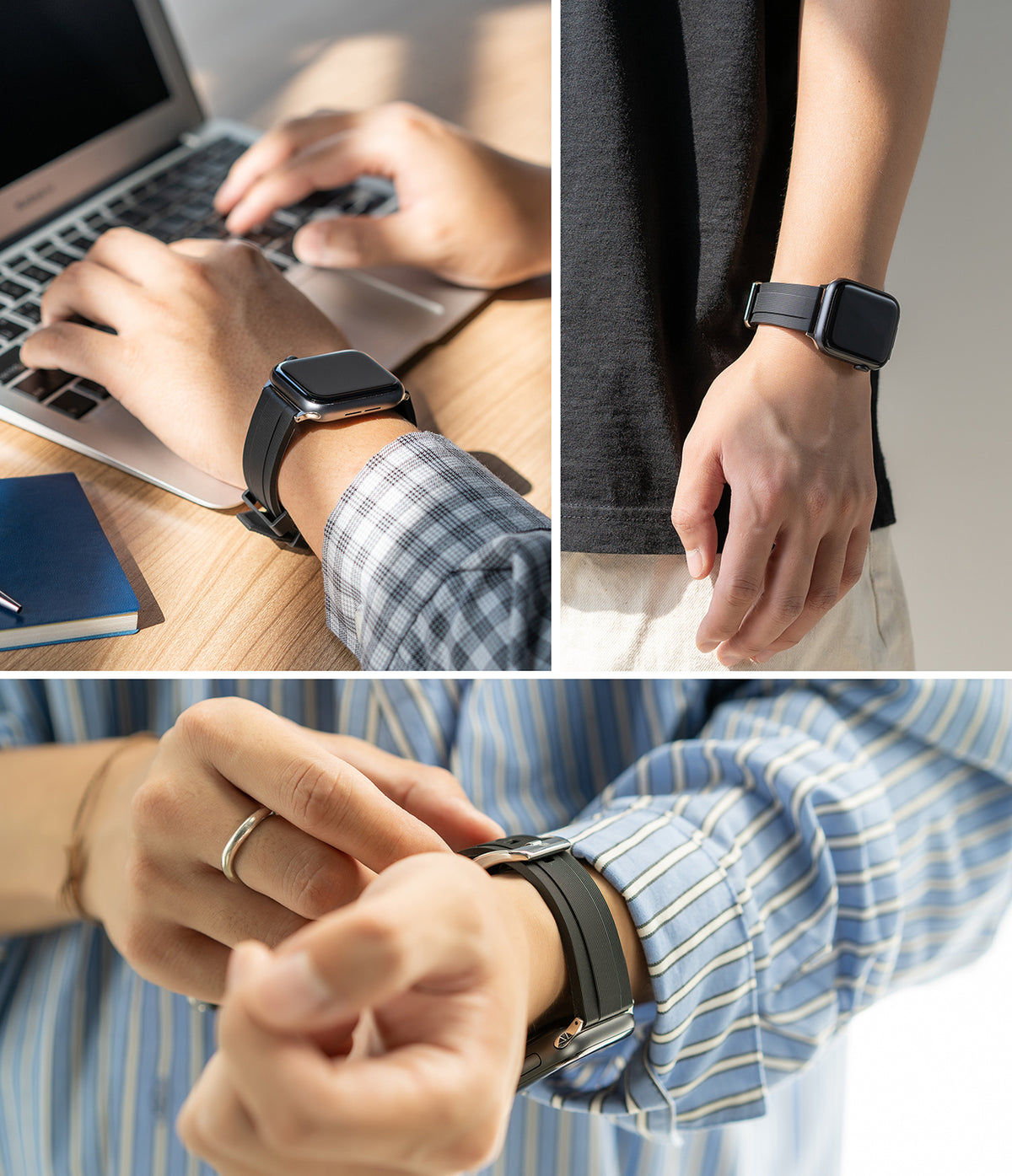 Apple Watch 42·41·40·38 mm | Rubber One Band - Three views of a black rubber watch band worn on an Apple Watch.