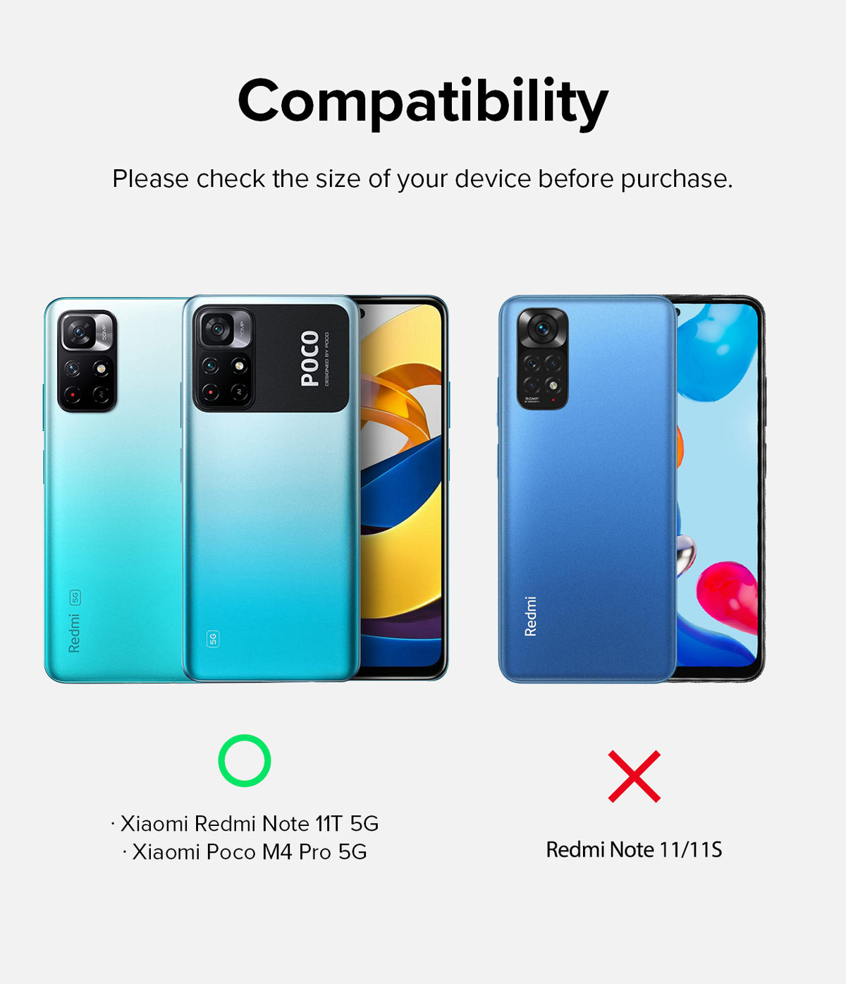 Redmi Note 11T 5G / Poco M4 Pro 5G | Camera Styling - Comparison chart showing compatible Redmi and Poco phones versus incompatible models.
