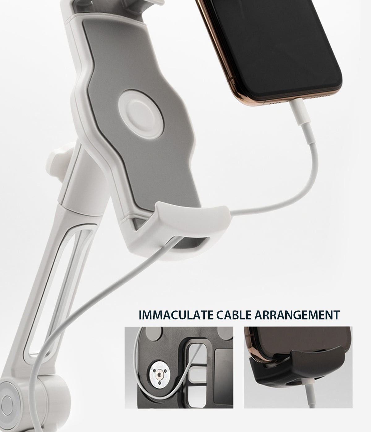 Iron Tablet Stand - White adjustable stand holding a smartphone with a neatly routed charging cable and inset detail views.
